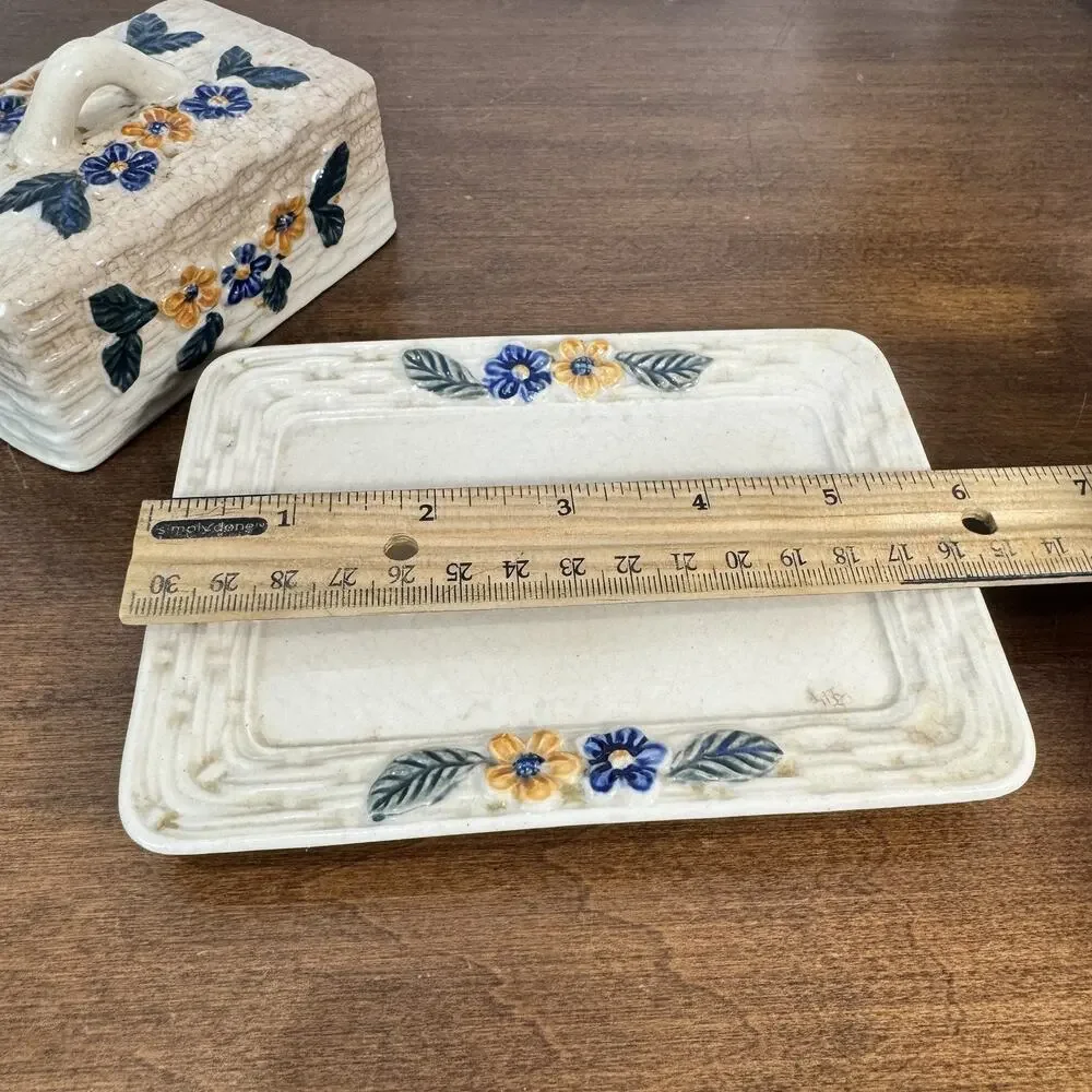Vintage Butter Dish with Lid & Handle Cream Ceramic Toasty Crazing